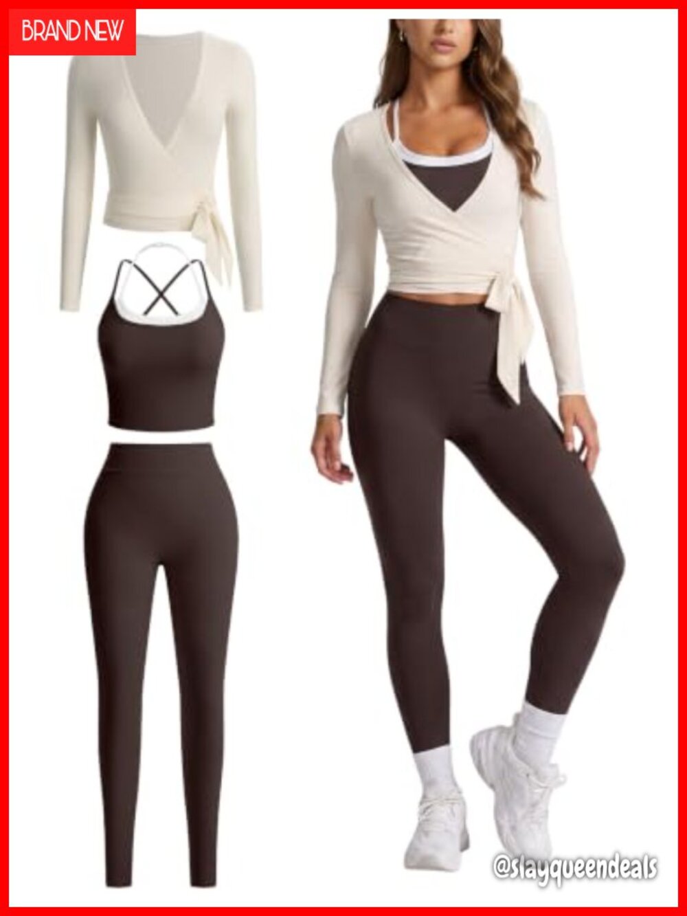 3 Piece Workout Set Tank Top Long Sleeve Wrap Top Leggings Gym Yoga